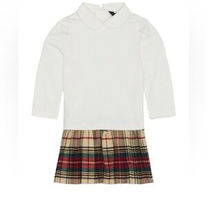 RALPH LAUREN Button Day Jersey Dress, White/Red/Beige/Tartan, 18 Months.